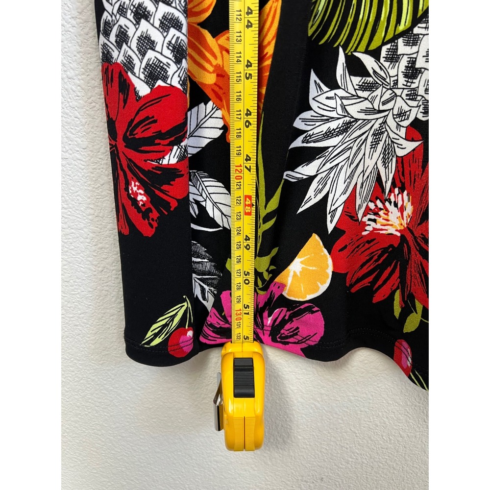 CJ Banks Tropical Floral Midi Dress 1X Black‎ Pineapple Fruit Faux Wrap Cruise - Picture 6 of 9